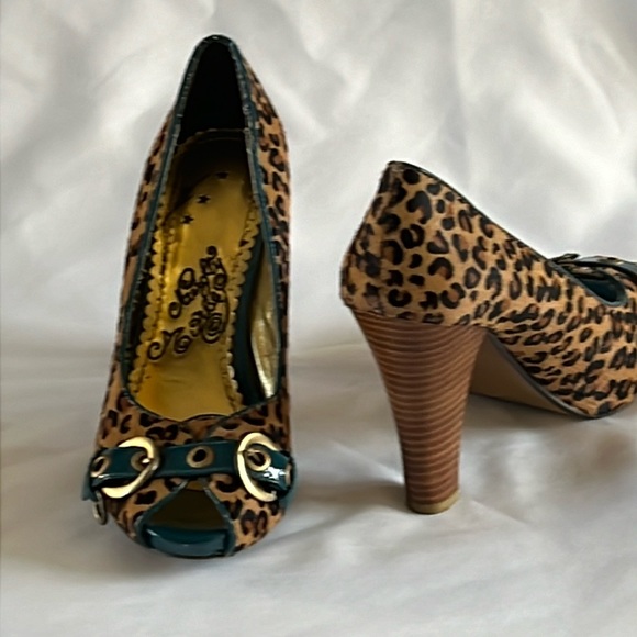 Naughty Monkey Leopard Open Toe Platform Stacked Peep Toe Heels with buckle sz9 - Picture 3 of 7